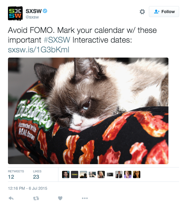 Tweet by SXSW using FOMO Marketing