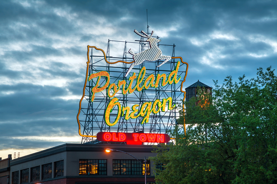 Famous Old Town Portland Oregon neon sign in the night