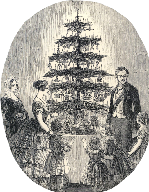 Victorian-era image of a family around a Christmas tree