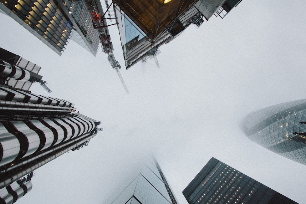 London's financial district in fog from below