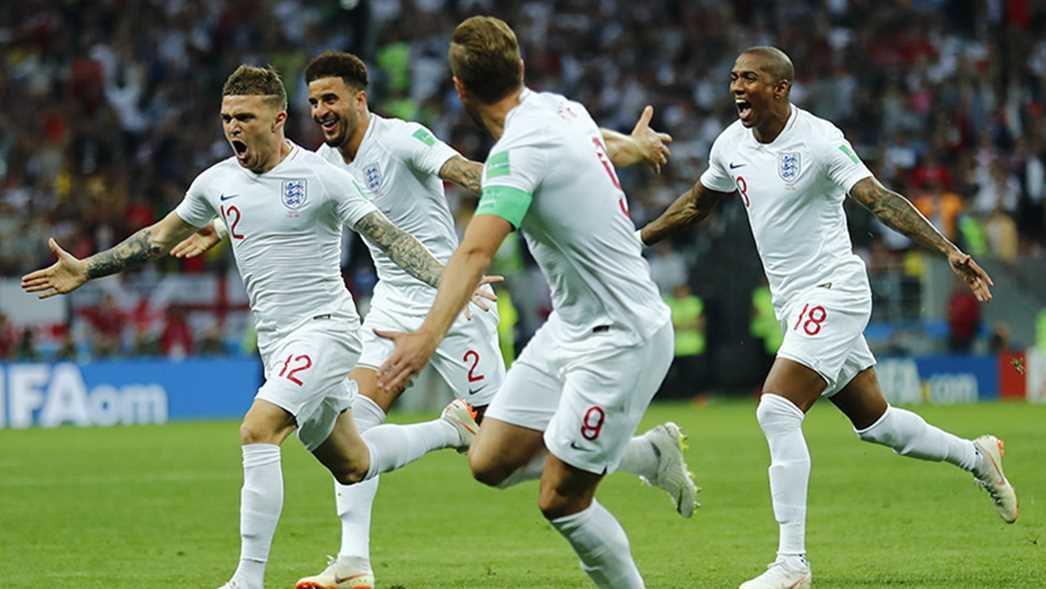 The English soccer team celebrates a goal