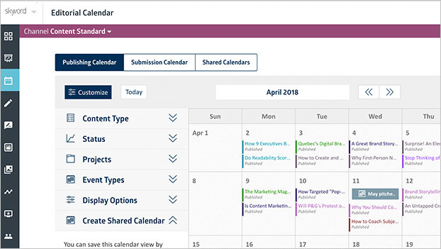 Skyword's Editorial Calendar allows marketers to visualize and plan upcoming content ideas and assignments so that you can ensure you are delivering according to your content strategy.