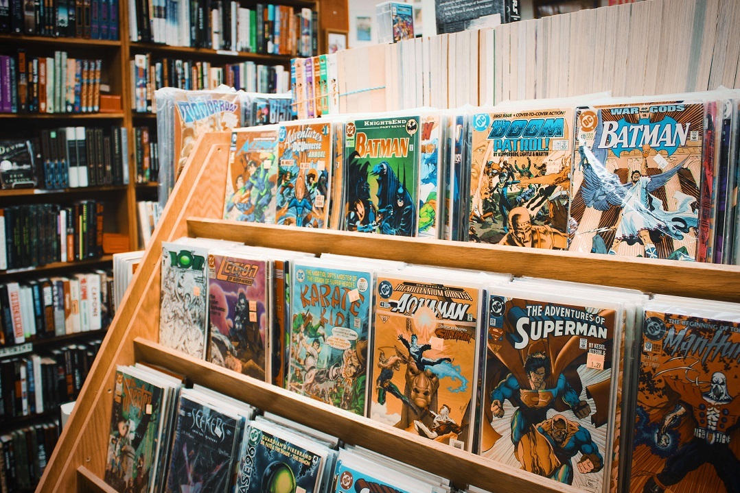 A bookstore shelf with comic books