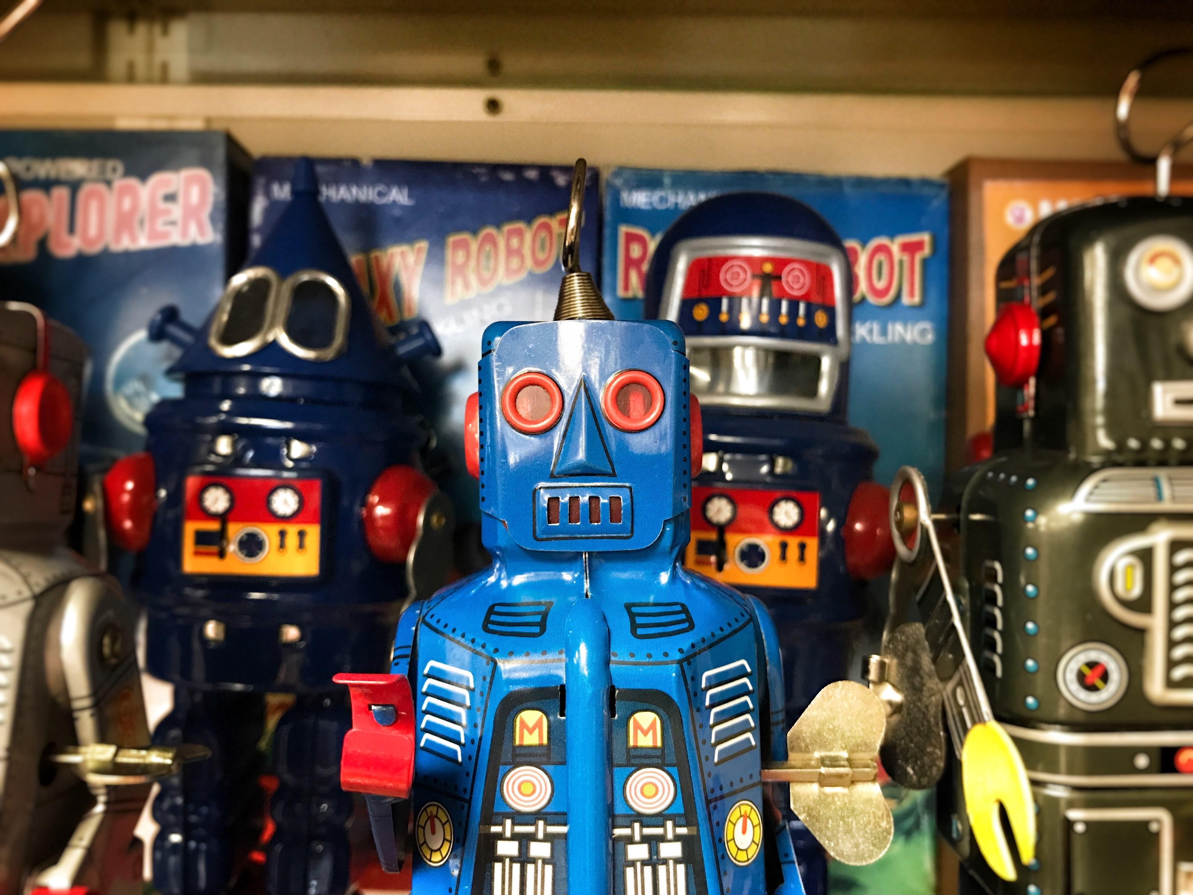 robots on a shelf