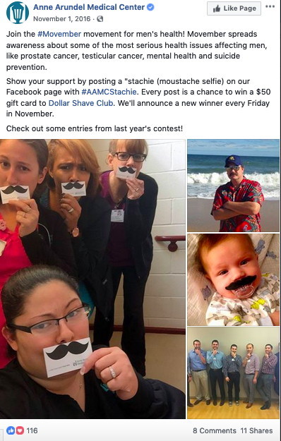 Participants in Anne Arundel Medical Center's Movember-themed Facebook Stachie Contest post pictures of themselves with real and fake mustaches.