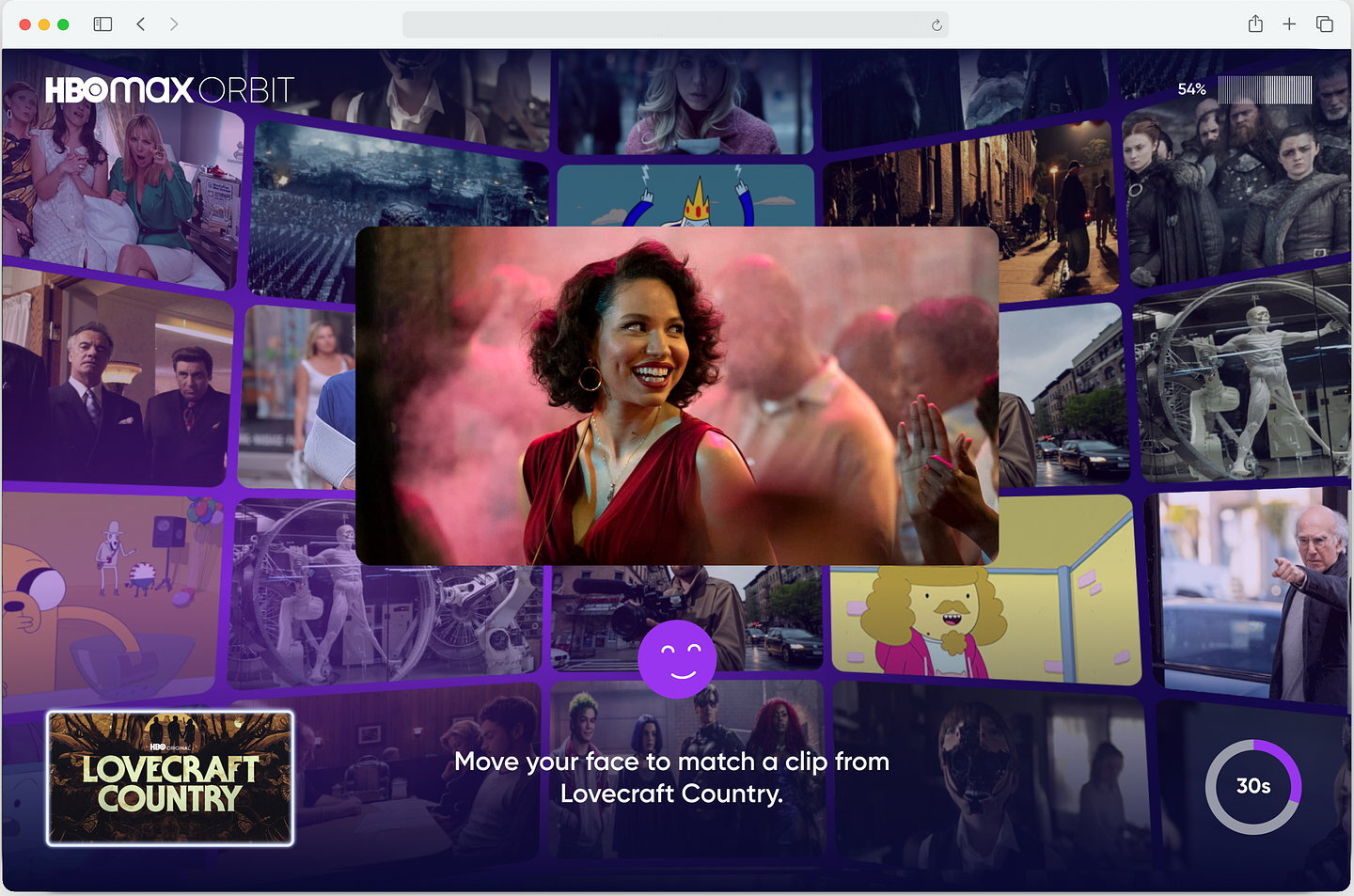 Screenshot from Dexigner: HBO Max Orbit pairing a user's face with a clip from Lovecraft Country.