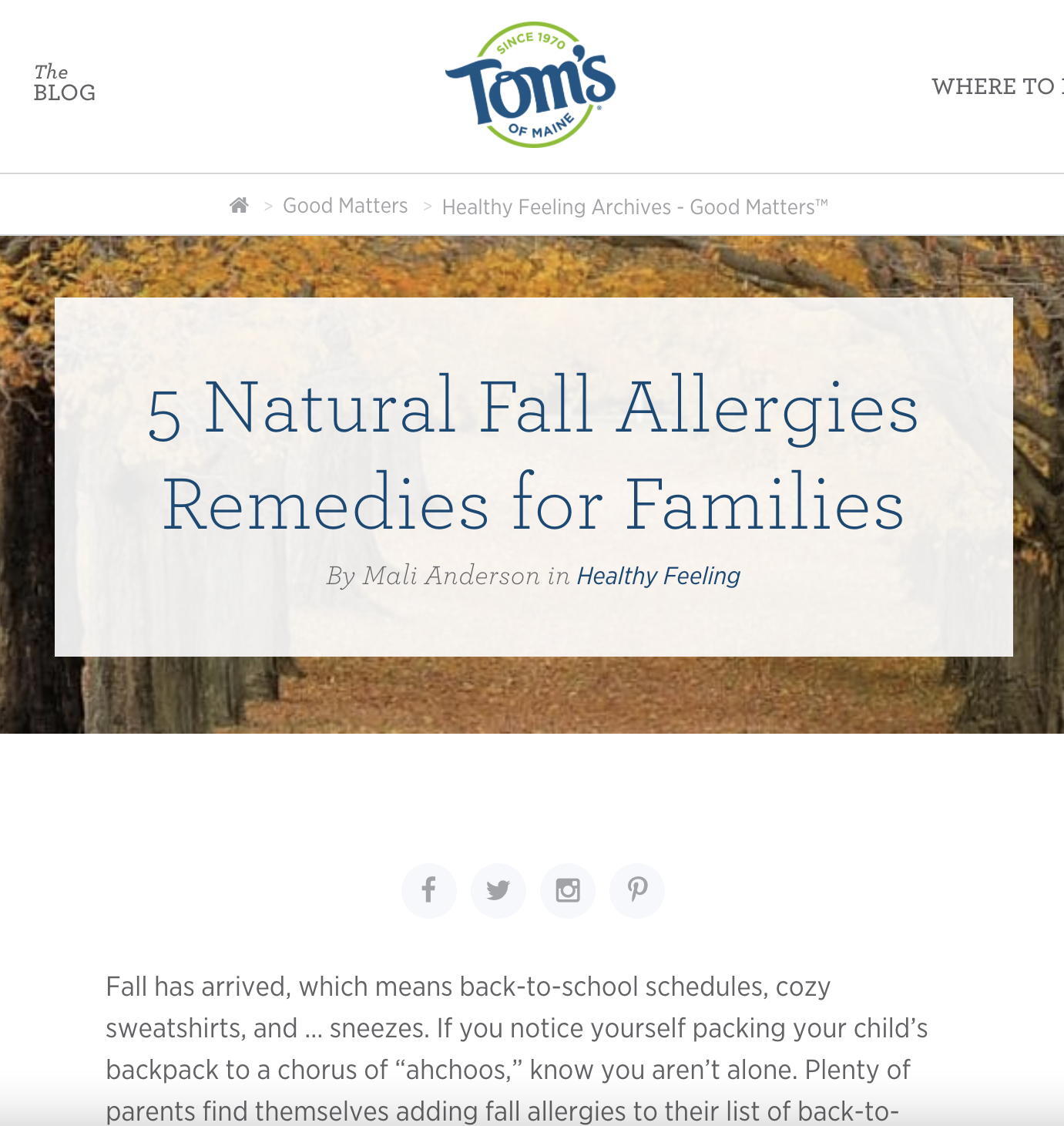 Screenshot of Tom's of Maine blog post: 5 Natural Fall Allergies Remedies for Families